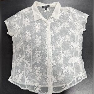 Karen Kane Sheer White Floral Lace Blouse